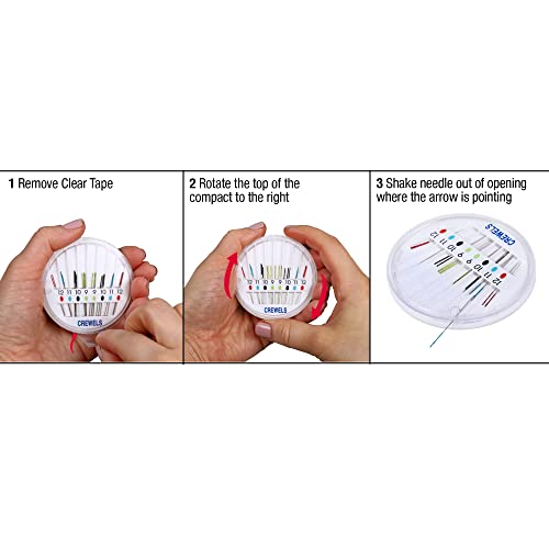 SINGER Crewel Needles in Dial Compact, Assorted Sized Sewing Needles, Sizes 9, 10, 11, 12, Set of 24