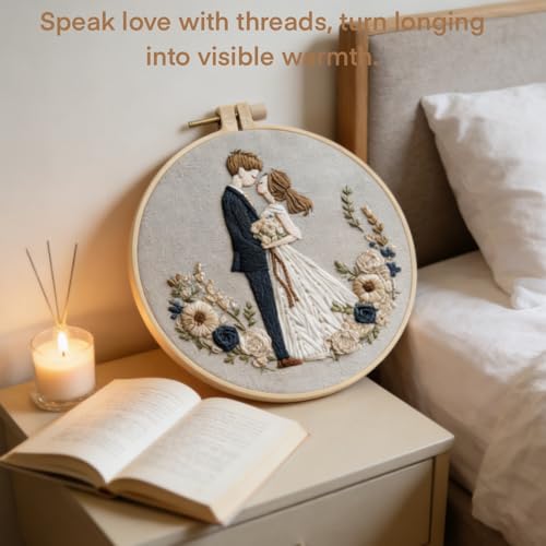 HCANPER Sweet Couple Embroidery Starter Kit, Valentine's Day Gifts，DIY Needle Punch Kit, Punch Needle Kits for Beginners,Include Pre-Printed Fabric,Tools,Embroidery Hoop,Threads. (One) - color: One