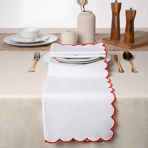 Blue Needles Cotton Scalloped Embroidery Cloth Napkins 17X17Inch - Set of 4 - color: White(edges - Red)