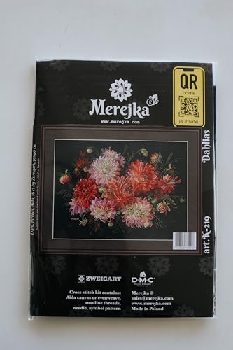 Merejka Dahlias Counted Cross Stitch Kit K-219 | Zweigart Black Aida 16 | 28 DMC Thread Colors | 11¾×15¾ in (30×40 cm)
