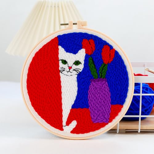 Woohome Punch Needle Kit Included Plastic Hoops, Punch Needle Cloth, Color Yarn and Punch Needle Tools for Adults, Beginners (Cat and Vase) - color: Color 23