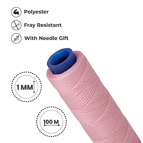 Waxed Thread, Strong Thread for Leather, Upholstery, Shoe, Bag, incl. Needle (Colour: Baby Pink) - color: Baby Pink