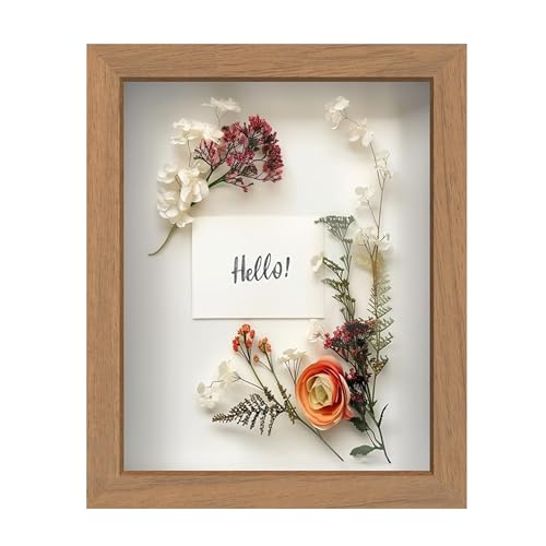 FrameWorks 8” x 10” Golden Oak Wooden Shadow Box Frame – Display Case with Soft Felt Back, Memory Box with Tempered Glass, Display Box with Elegant White Ball Push Pins, Wooden Flower Box - color: Golden Oak, size: 8"x10"