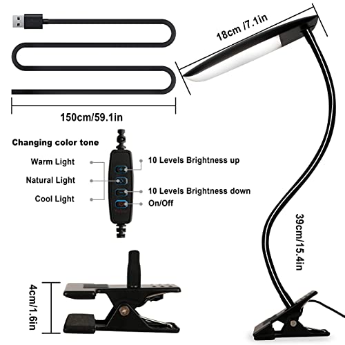 LiFMIRA Clip on Lamp USB Reading Light 3 Color Modes 3000-6000K 8W 40 LED - color: Matt Black