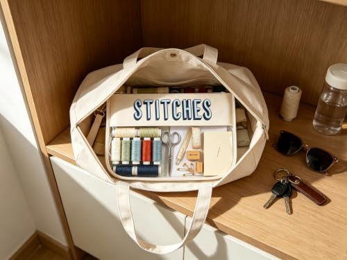 RF REENFAYA Clear Zipper Project Pouch for Needlepoint & Embroidery-Beige/Navy - color: Beige/Navy