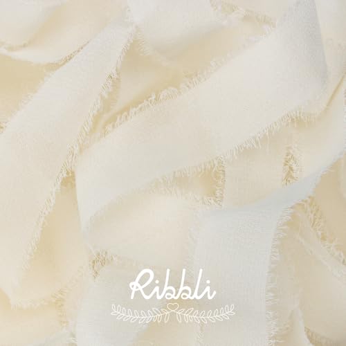 Ribbli Ivory Ribbon 1 Inch x 3 Rolls Total 24 Yards Ivory Handmade Fringe Chiffon Silk Ribbon for Wrapping Wedding Invitations Bridal Bouquets DIY Crafts Home Decor - color: Ivory