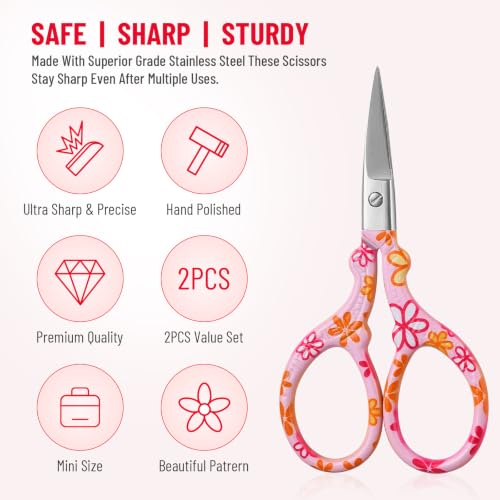 Sharp Embroidery Scissors, 2PCS Sewing Craft Scissors, Red+Pink - color: Red+pink