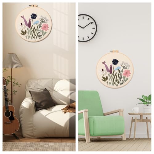 IUHUI Embroidery Kit for Beginners Adults - Thriving Flowers and Plants Easy Patterns, DIY Hand Stitching Embroidery Set with Hoop (Ink Blue Flower) - color: Ink Blue Flower