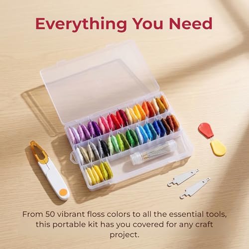 Huacan Embroidery Floss Kit with Storage Box 50 Colors Stitching Threads Sewing Kits 67 Pcs DIY Cross Stitch Accessories Set for Adults Beginner - color: 50 Color（67 Pcs）