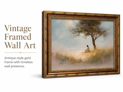 DNEJZKI Vintage Gold Framed Wall Art Jesus Christian Canvas Print Wall Decor Moment of Christ Sitting Under Tree by Sea Painting Picture Decor Religious Home Decor for Living Room Bedroom - color: Canvas, size: 24"L x 16"W