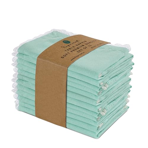 FINGERCRAFT Lace Cloth Napkins, Cotton Linen, 12 Pack, 20x20 Inch, Aqua - color: Aqua, size: 12" x 12" (Set of 12)