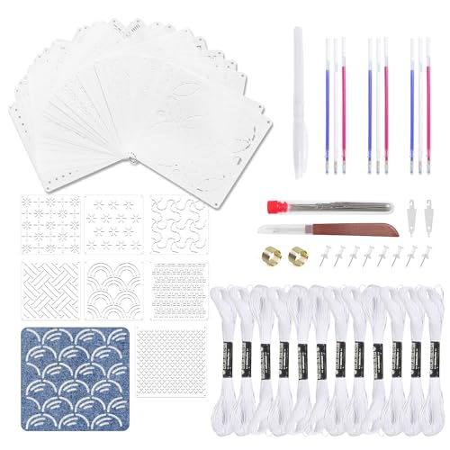 70 Pcs Sashiko Stencil Kit Plastic Sashiko Embroidery with Threads