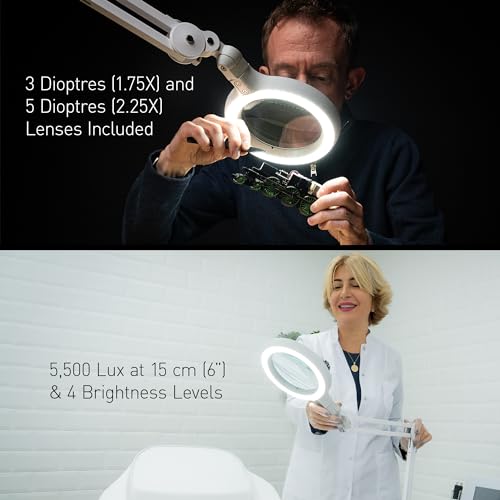 Omega 5 - Premium LED Magnifying Lamp with Interchangeable Glass Lenses, Adjustable Arm, and Dimmer Switch for Professionals in Health & Beauty, Model Making, and Low Vision Applications - style: Omega 5