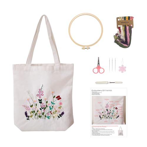 Vigdit Canvas Tote Bag Embroidery Kit for Beginners, Needlepoint Cross Stitch Kit for Adult Beginner, DIY Reusable Grocery Bags Embroidery Starter Kit with Stamped Floral Tools & Instructions - color: Flower4