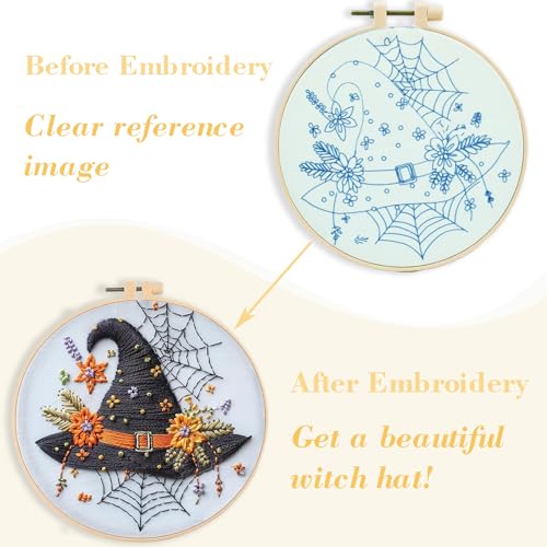 Floral Witch Hat Embroidery Kit Halloween Cross Stitch Material Set with Bat Skull Flower Pumpkin Patterns, DIY Hand Needlepoint Embroidery Craft Kit for Beginners Professional (Haunted House) - color: Haunted House