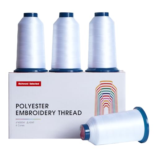 Poolin White Embroidery Thread, Huge Spool Richword Selected 4 Rolls 4000M(4374Y) 40WT Polyester Thread for All Embroidery Machines - color: 4 White