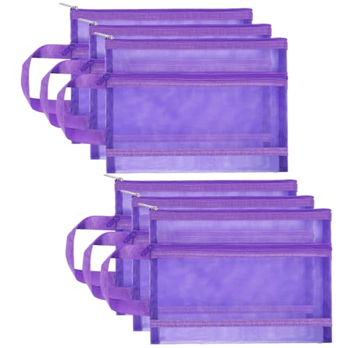6 Pack Mesh Zipper Pouch Bags, Double Layer Nylon Pouch with Handle for Office Travel Organization (Purple, A5) - color: Purple, size: A5