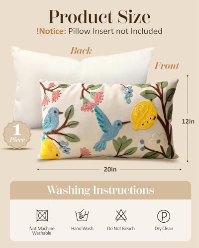 Embroidered Lumbar Pillow Cover 20x12 Inch, Bird Lemon - color: Bird Lemon, size: 20" x 12" (Pack of 1)