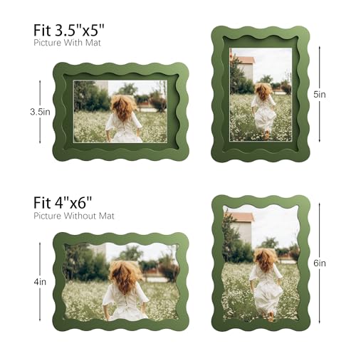 4x6 Picture Frame with Mat for 3.5x5, Wavy Edge Wooden Real Glass Photo Frame for Tabletop and Wall Hanging, Green, 1 Pack - color: Green, size: 4x6 in