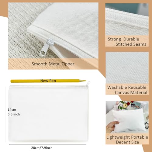 Koolmox 20 PCS Blank Canvas Makeup Bags, Bulk White Cosmetic Makeup Bags Canvas Pouch with White Zipper for Tie Dye, Embroidery, Patches, Heat Transfer Sublimation Painting DIY Customization - color: White White, size: Small (8x5'')