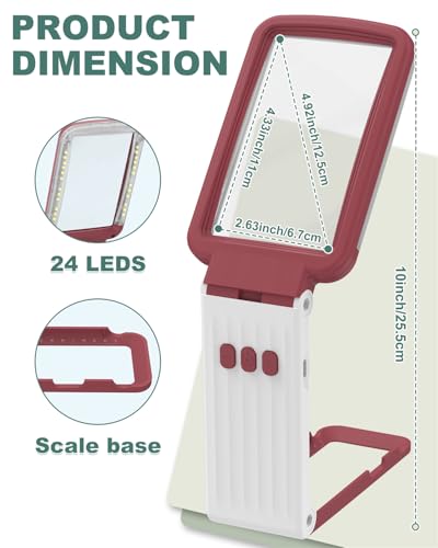15X Magnifying Glass with Light and Stand, Rechargeable Folding Handheld Real Glass Magnifier, 3 Color Modes Dimmable Lighted Page Magnifying Sheet for Seniors Low Vision Small Prints - Red White - color: Red-white