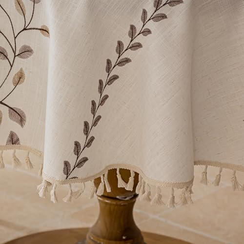 Joyfol Day Round Linen Tablecloth, Heavy Duty Waterproof Tablecloths, Farmhouse Embroidery Leaves Table Cloth with Tassels, Soft Wrinkle Free Table Cover, Coffee Vines, 55 inch - color: Coffee Vines, size: 55" (Round)