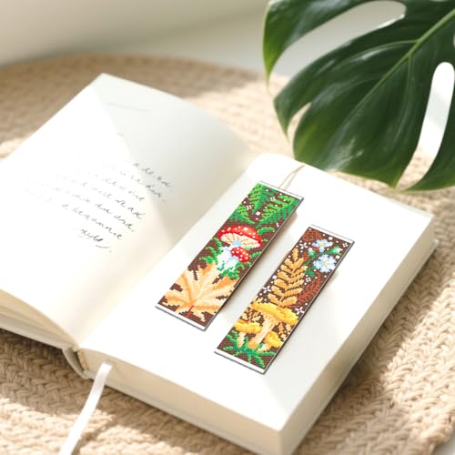 FREEBLOSS 6 Set Cross Stitch Bookmark Kit for Beginner Adults Mushroom Stamped Embroidery Bookmark Kits Cross Stitch Kits with Instruction Bookmarks Making Kit for Book Lovers 8x2.4in/22x8cm - style: Mushroom