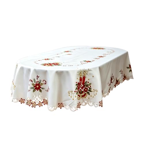 Grelucgo Holiday Tablecloth, White with Red Poinsettia Embroidered Design, Scalloped Edge, Christmas Dining Table Decor (Oval 57x84 Inches) - size: 84" x 57" (Oval)