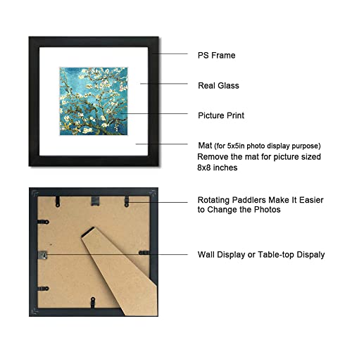 8x8 Picture Frame Set of 6 with Real Glass for Pictures 5x5 with Mat or 8x8 Without Mat, Wall Gallery or Tabletop display Photo Frames in Black - color: Black, size: 8x8(set of 6)