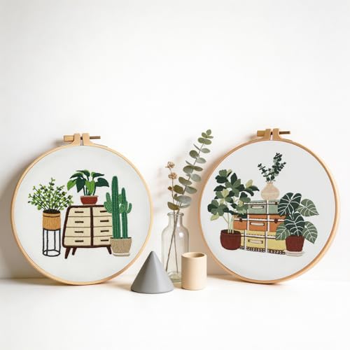 spicssa Embroidery Kit for Beginners, Hand Needlepoint Kits for Adults with Pre-Stamped Patterns, 7.8-Inch Hoop, Threads & Needles, Step by Step Instructions - color: green plants B