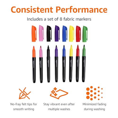 Amazon Basics Vibrant Fabric Markers for T-Shirt, Clothes, Tote Bags, Bold Colors, 8-Pack