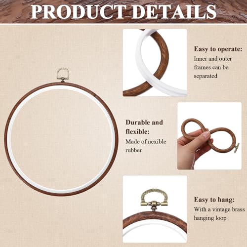 12 Pcs Embroidery Hoops Kits 6 Size Imitated Wood Embroidery Frames DIY Cross Stitch Circle Rubber Hoops Embroidery Needlepoint Supplies for Hand Sewing & Craft Projects Wall Display, 3.7In to 9.7In