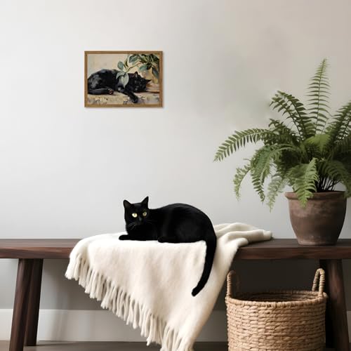 Framed Black Cat Canvas Wall Art, Vintage Sleeping Cat with Plant Picture Wall Decor Paintings, Cute Animal Poster Prints Rustic Aesthetic Home Decor for Living room Bedroom Bathroom 8x10 inch - color: Black Cat, size: 10"L x 8"W