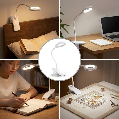 LACOKI Clip on Rechargeable Reading Light for Bed, 3 Color x 3 Brightness 28 LEDs Desk Light, Eye-Caring Desk Lamp with Clamp for Headboard, Table, Desk