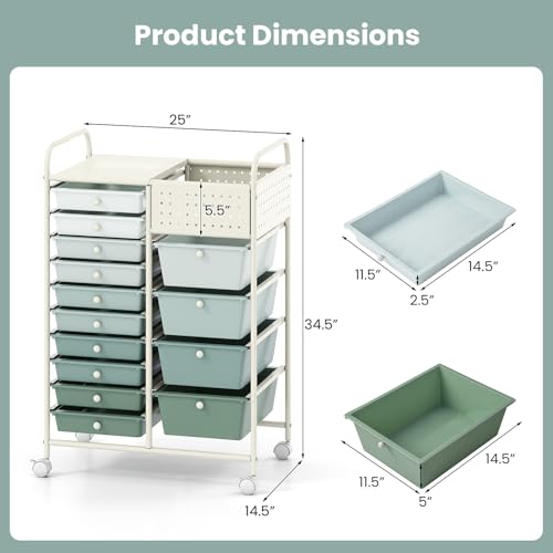 Giantex 14 Drawer Storage Cart, Rolling Craft Cart with Metal Tabletop & Pegboard, Mobile Utility Organizer Trolley with Locking Wheels, Home Office, Green Gradient - color: Green Gradient, size: 14 Drawer-25"x14.5"x34.5"