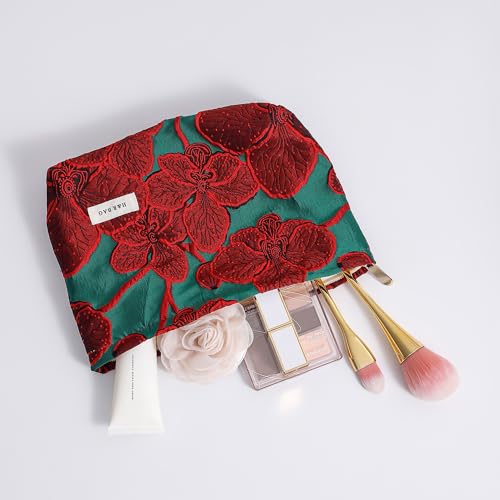 RANIT Retro Red Jacquard Cosmetic Bag - Durable Canvas Luxury Handheld Travel Toiletry Storage Bag Large - color: Red, size: Large