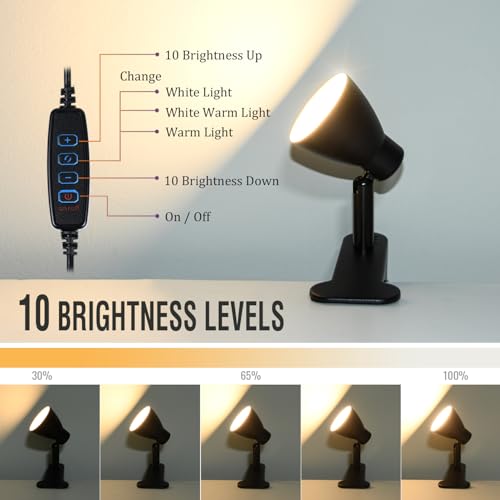 CRI90+ Clip Reading Light, Small Clamp on Bed Lamp for Bedside/Headboard/Desk/Bunk/Table/Shelf, 3 Color Temperature Options, 10 Dimmable Brightness Levels for Reading (6W/Adapter Included) - size: 1 Pack Short Neck Clip