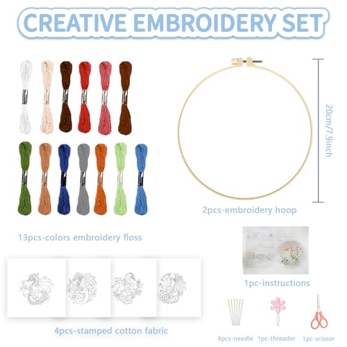 FREEBLOSS 4 Sets 11.6" Embroidery Kit for Beginners Dragon Stamped Patterns - style: Dragon
