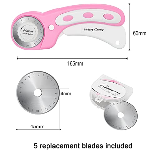 45mm Rotary Cutter with 5pcs Extra Blades, Ergonomic Handle Rolling Cutter with Safety Lock for Fabric, Leather, Crafting, Sewing, Quilting, Fabric Rotary Cutter Perfect for Left & Right Hand(Pink) - color: Pink, size: 45mm