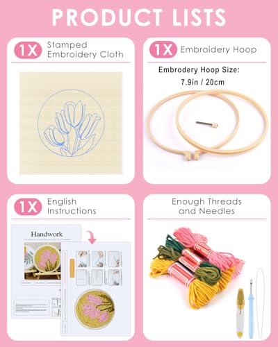 TINDTOP Punch Needle Embroidery Kits, Tulip Punch Needle Kits for Adults Beginner, Tool with Punch Needle Fabric, Hoops, Yarns and Sewing Needles - color: Pink Tulip