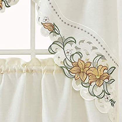 GOHD Lily Fragrance 3pcs Colorful Embroidery Kitchen Cafe Curtain Set.Gold - color: Gold