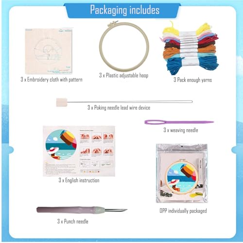 Allazone 3 Set Punch Needle Embroidery Starter Kits with Flower Pattern, Punch Needle Tool Threader Fabric, Yarn, Embroidery Hoop for Crafts, Home Decor