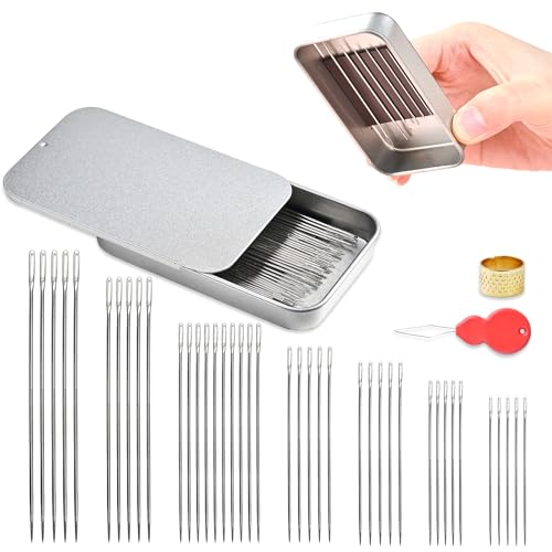 L'EclatDina 40PCS Sewing Needles Set, Large Eye for Hand Sewing, 7 Sizes Stainless Steel, with Threader & Magnetic Pin Cushion, for Embroidery & Crafts