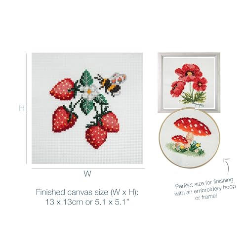 Trimits 3PK Cross Stitch Bundle – Counted Embroidery Kit, Beginner & All Level Starter Set, Complete with Instructions & Thread Children Wall Home DIY Décor – 13x13cm – Toadstool,Strawberries,Poppies - style: Toadstool,Strawberries,Poppies