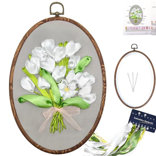 FONNUY Ribbon Embroidery 3D Flowers Pattern Design Kit Embroidery DIY Handwork Set Oval Home Decoration (White Tulip) - style: White Tulip