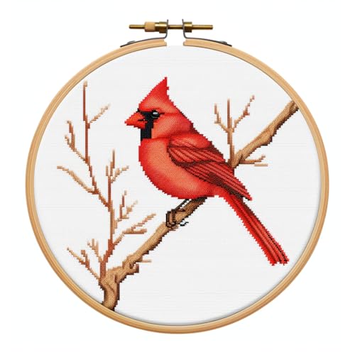 Cartoon Simple Red Cardinal on Branch DIY Stamped Cross Stitch Kits Easy for Beginners and Children with Hoop 11CT Needlepoint Counted Embroidery Kits Art Craft Wall Decoration 12x12inch(1)