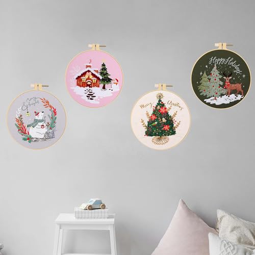 Huacan Embroidery Kits for Adults Beginner 4 Pcs Stamped Christmas Tree Pattern Stitching DIY Sewing Kit 7.9 x 7.9 Inch - color: Christmas Tree 2