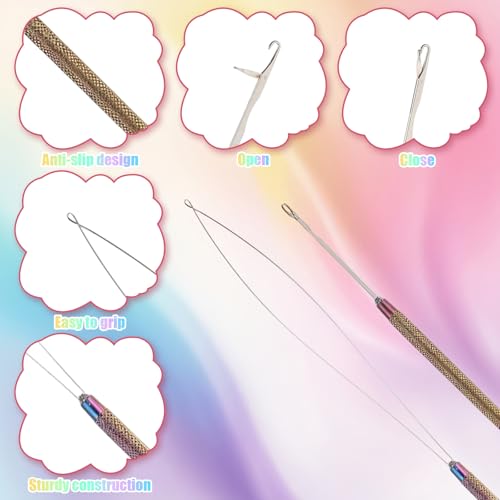 2 Pcs Extension Bead Loop Tool, Stainless Steel Loop Needle Pulling Hook, Needle Threader for Hair, Threader Wire Beads Closer, Micro Links Kit for Feather Extensions, Hairs Pulling Hooks