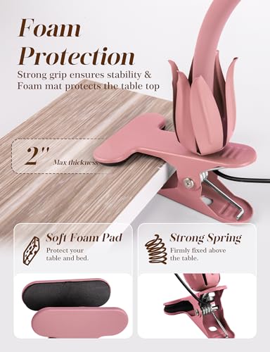 Flower Clip On Desk Lamp for Home and Dorm - Cute Floral Clip On Bedside Book Reading Light, Pink Flower Bunk Bed Lighting, Kawaii Led Flexible Gooseneck Table Lamp for Headboard with Clamp - color: Pink