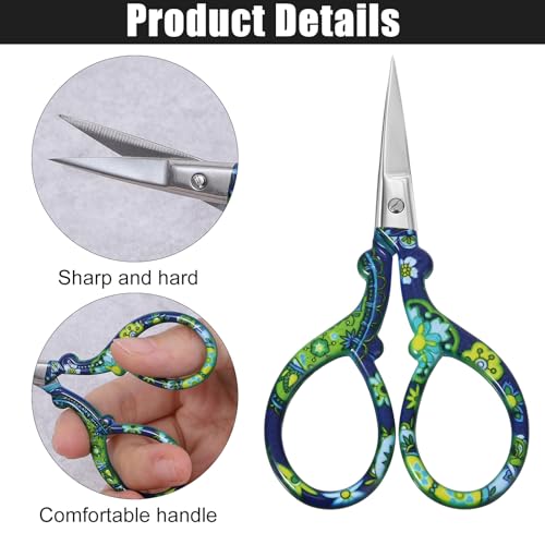 Xinjoduz 2 PCS Small Craft Scissors, 3.62" Sharp Embroidery and Crafting Scissors with Leather Cover, Stainless Steel Stork Shaped Crochet Sewing Scissor for Needlework and DIY Crafts, Black Flower
